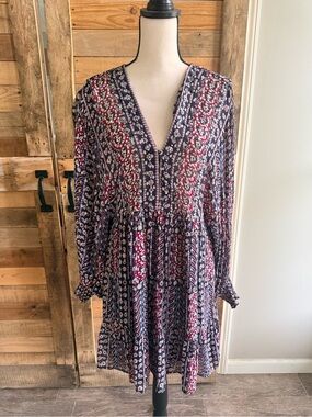 Zara Navy and Burgundy Printed V-Neck Long-Sleeve Dress